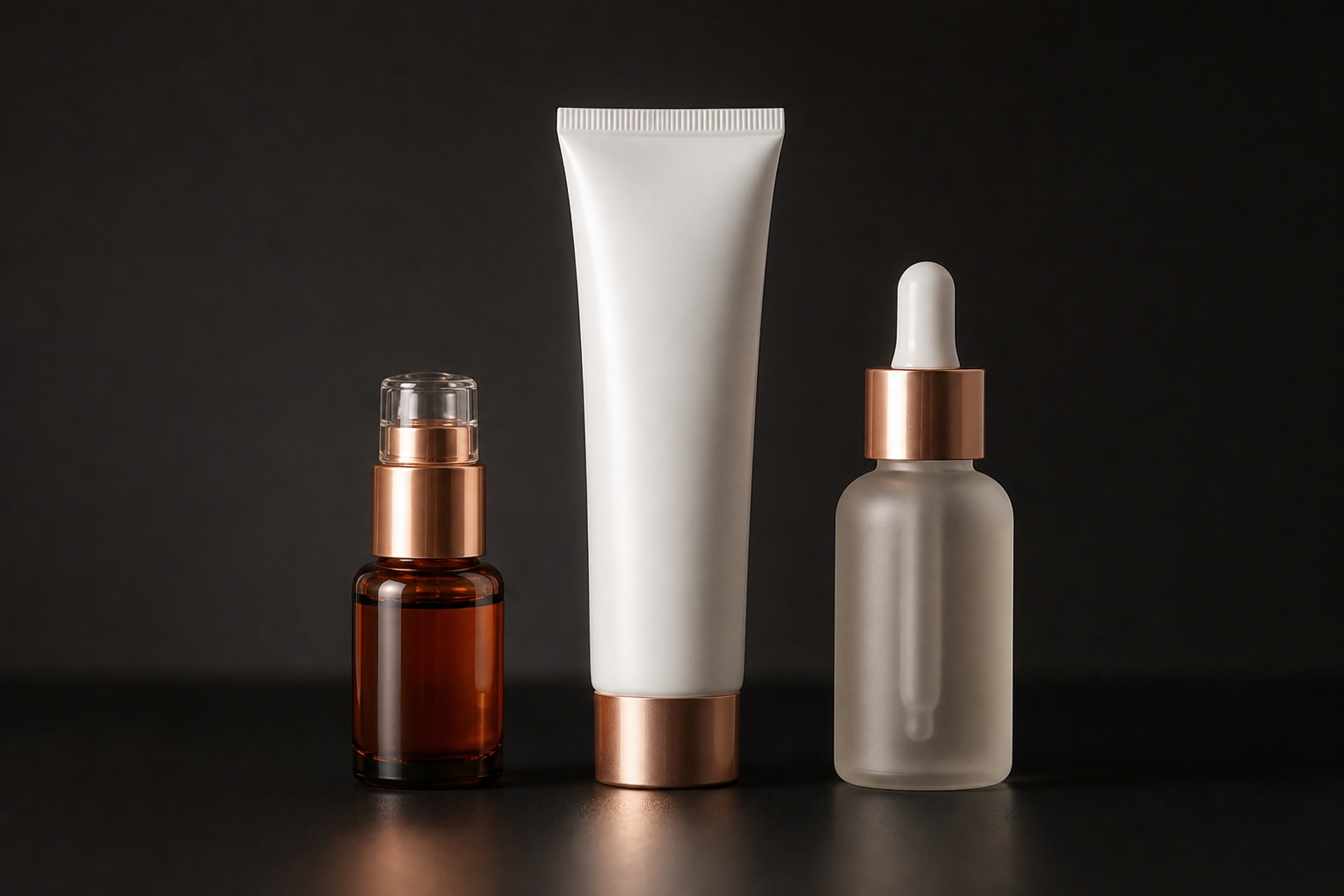 Facial Cosmetics professional SPMU products: pigment, numbing cream and aftercare serum on charcoal