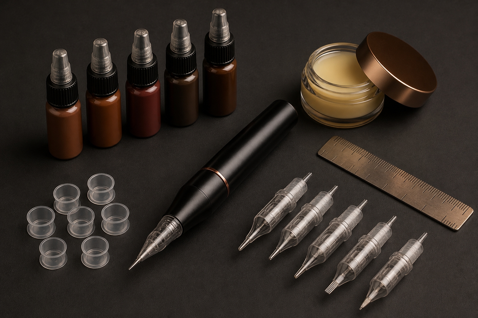 A complete SPMU kit flat-lay: machine pen, pigments, needles, ruler, ink cups and aftercare balm